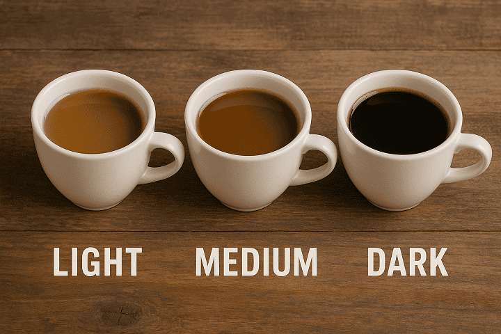 Three white ceramic cups, each filled with brewed coffee from a light, medium, and dark roast, placed on a rustic wooden table. You can see subtle color differences in the brews.