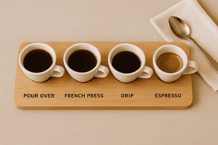 A wooden coffee tasting board holding four small cups labeled: Pour Over, French Press, Drip, Espresso. Each cup has a slightly different shade of brown. Clean tabletop with a napkin and spoon nearby.