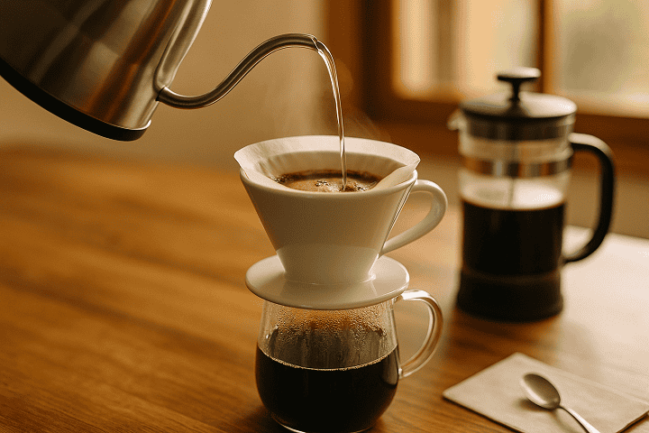 A photo-realistic image of a pour-over setup mid-brew, with hot water being poured from a gooseneck kettle into a dripper over a carafe. The French press sits off to the side, slightly out of focus. The scene is on a wooden countertop with natural morning light streaming in.