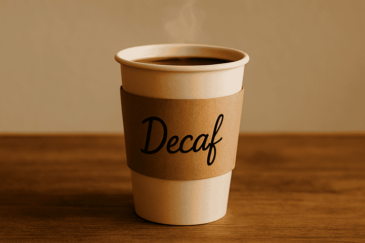 A single white takeaway cup of coffee on a neutral background with steam rising. The cup is labeled 'Decaf' in elegant handwritten text on a coffee shop-style sleeve. The vibe is warm and minimal.